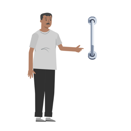 Illustration of a woman looking at a bathroom scene with a pensive expression