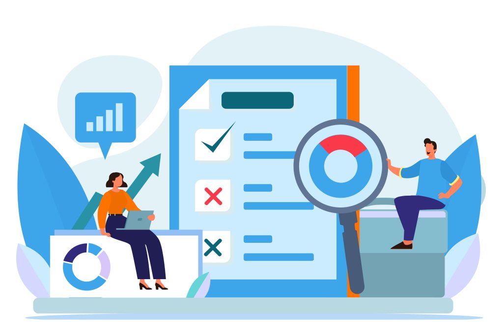 illustration of woman completing a survey on a laptop with the survey in the background. A man is analysing the data