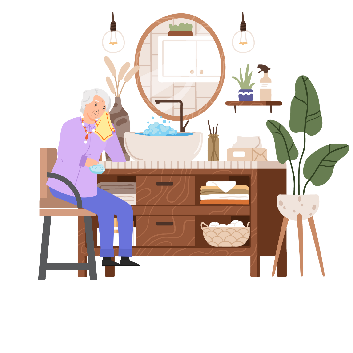 Illustration of a woman looking at a bathroom scene with a pensive expression