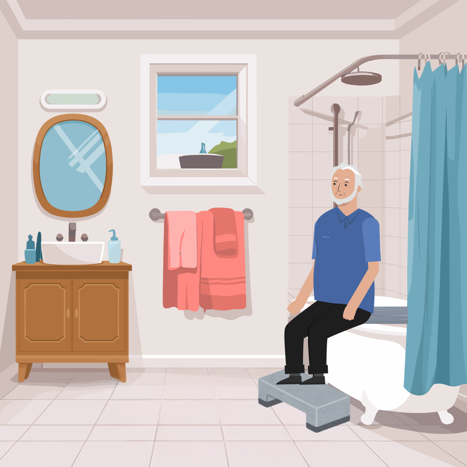 Illustration of a woman looking at a bathroom scene with a pensive expression